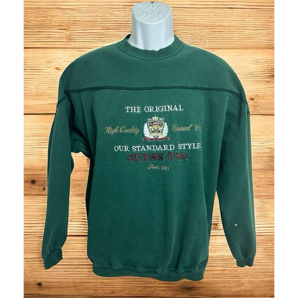 Vintage Guess Dark Green Sweatshirt Sz L Embroidered Made USA Pullover 90's - Picture 1 of 14